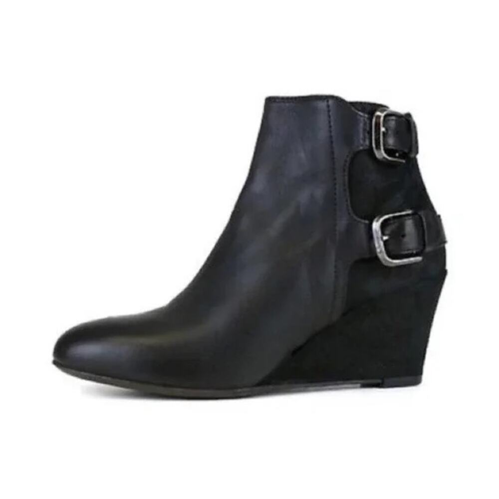 AGL Black Suede Leather Double Buckle Wedge Ankle Boots Size 39.5